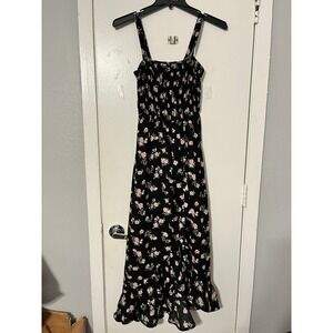 Hollister Black Floral Smocked Midi Dress Ruffle High Low Hem Pockets Womens